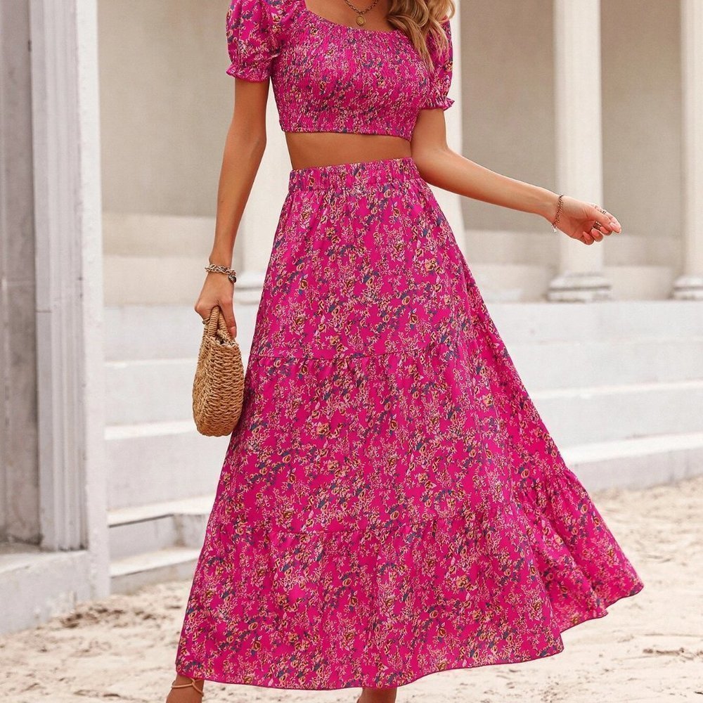 Boho Ditsy Floral Print Puff Sleeve Crop Blouse & Ruffle Hem Skirt pink - Picture 4 of 5